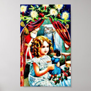 Christmas greeting with a girl looking at a toy, s poster