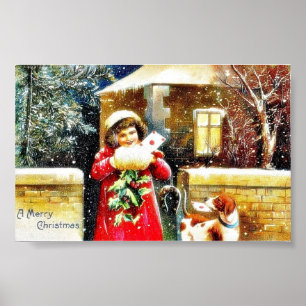 Christmas greeting with a girl opening her gift bo poster