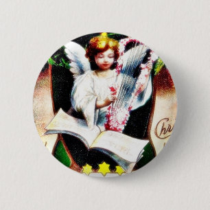 Christmas greeting with angel playing music 6 cm round badge