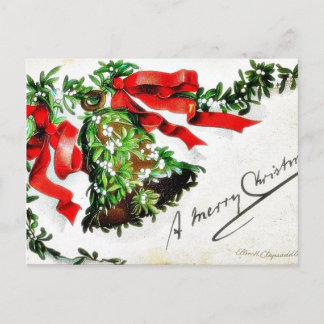 Christmas greeting with bell with ribbons holiday postcard