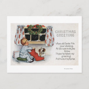Christmas GreetingBoy Digging in Stocking Holiday Postcard