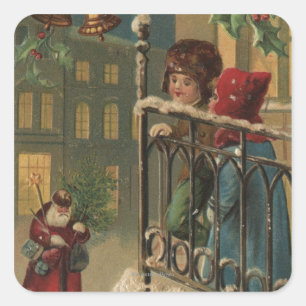 Christmas GreetingKids Watching Santa Square Sticker