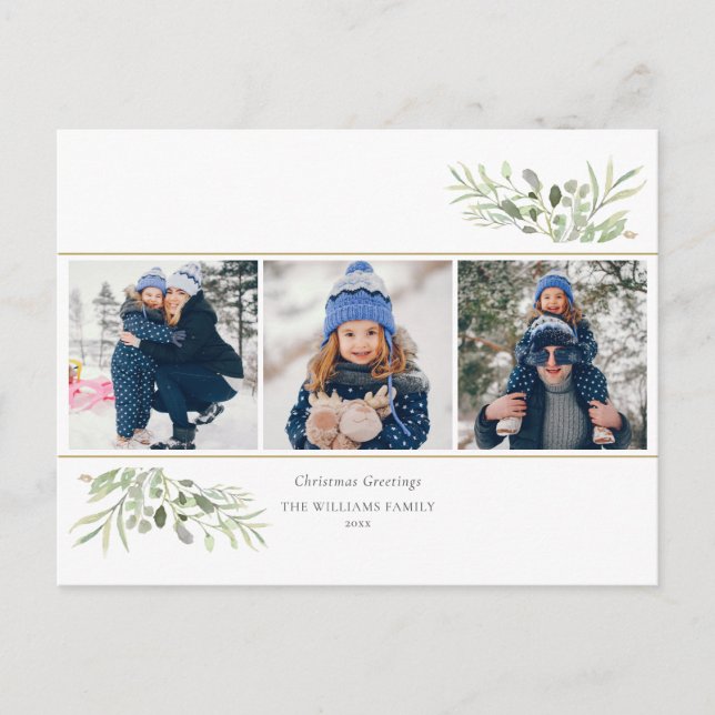 Christmas Greetings 3 Photo Greenery Modern  Holiday Postcard (Front)