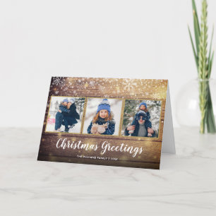 Christmas Greetings 3 Photo Rustic Country Wood Holiday Card