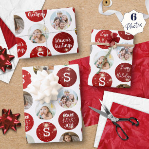 Christmas Greetings 6 Photo Monogram Red Sparkle Wrapping Paper Sheet