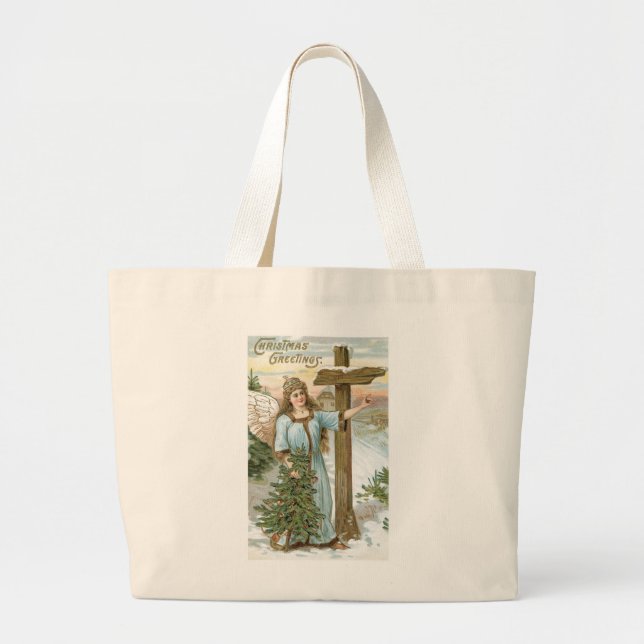 Christmas Greetings Angel Large Tote Bag (Front)