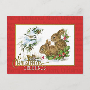 Christmas Greetings Bunnies Vintage Reproduction Postcard