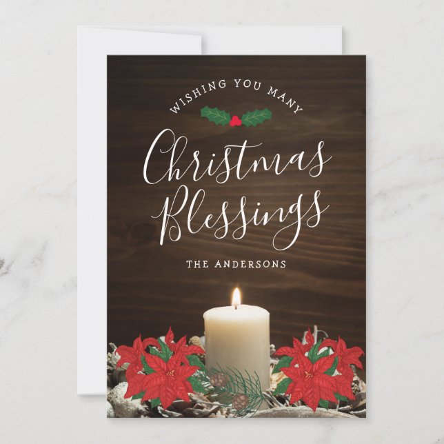 Christmas Greetings Card with Candle & Poinsettias (Front)