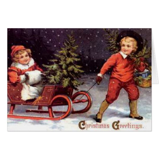 Christmas Greetings Children in Sleigh Card