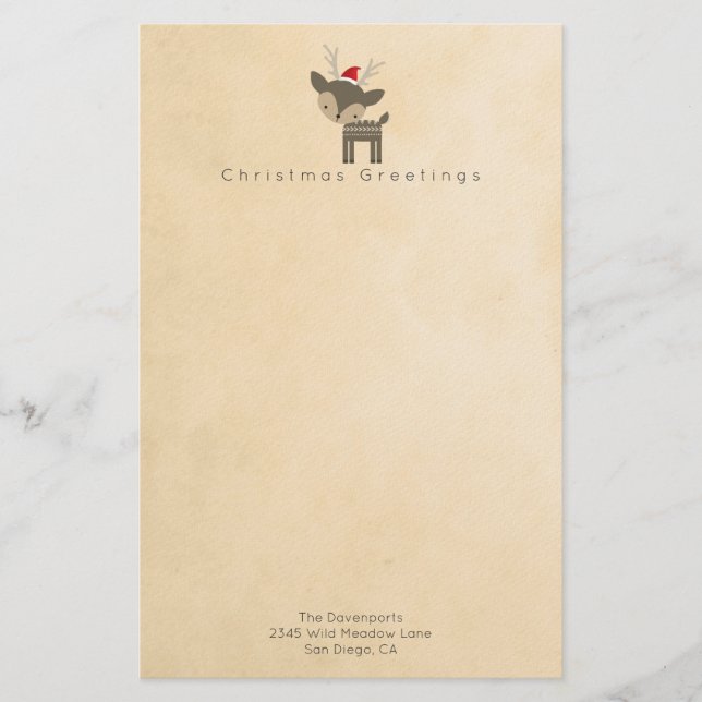 Christmas Greetings Deer In A Red Santa Hat Custom Stationery (Front)