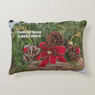 Christmas Greetings Evergreen Yule Log Red Bows Decorative Cushion
