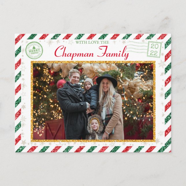 Christmas Greetings Family Photo Glitter Air Mail Postcard (Front)