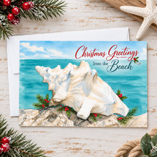 Christmas Greetings from Beach Coastal Seashell Holiday Card