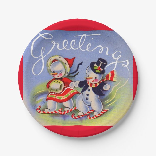 Christmas Greetings from Mr. and Mrs. Snowman Paper Plate (Front)