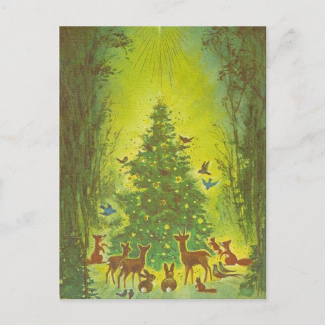 Christmas Greetings Gathering around a tree_1950 Holiday Postcard (Front)
