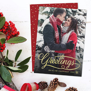 Christmas Greetings Gold Glitter Script Dots Photo Holiday Card