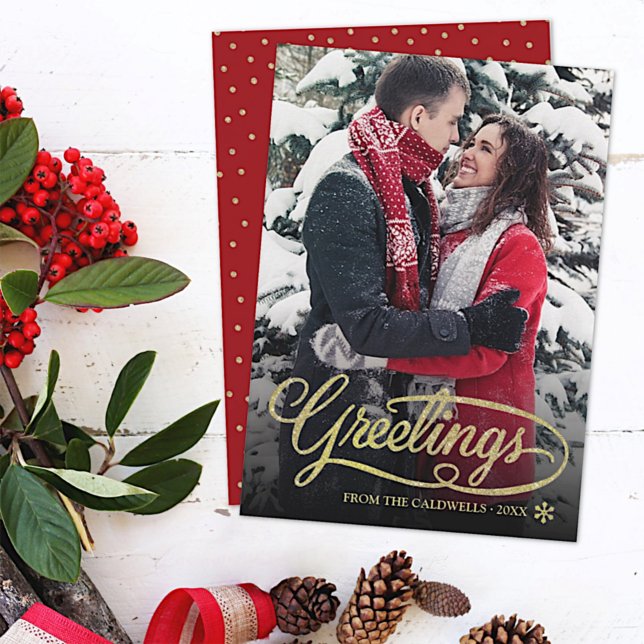Christmas Greetings Gold Glitter Script Dots Photo Holiday Card (Creator Uploaded)