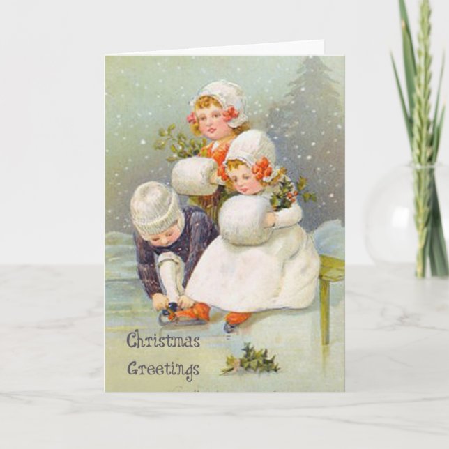 Christmas Greetings Ice Skating Kids Holiday Card (Front)