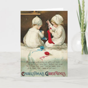Christmas Greetings Kids Sewing Christmas Socks Holiday Card