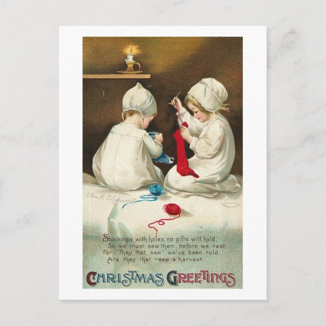 Christmas Greetings Kids Sewing Christmas Socks Holiday Postcard (Front)