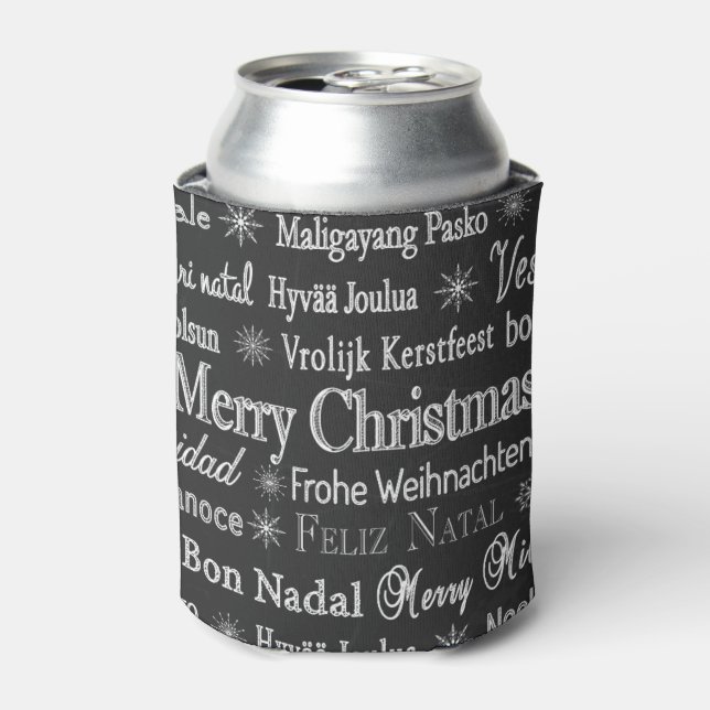 Christmas Greetings Multiple Languages Black Can Cooler (Can Front)