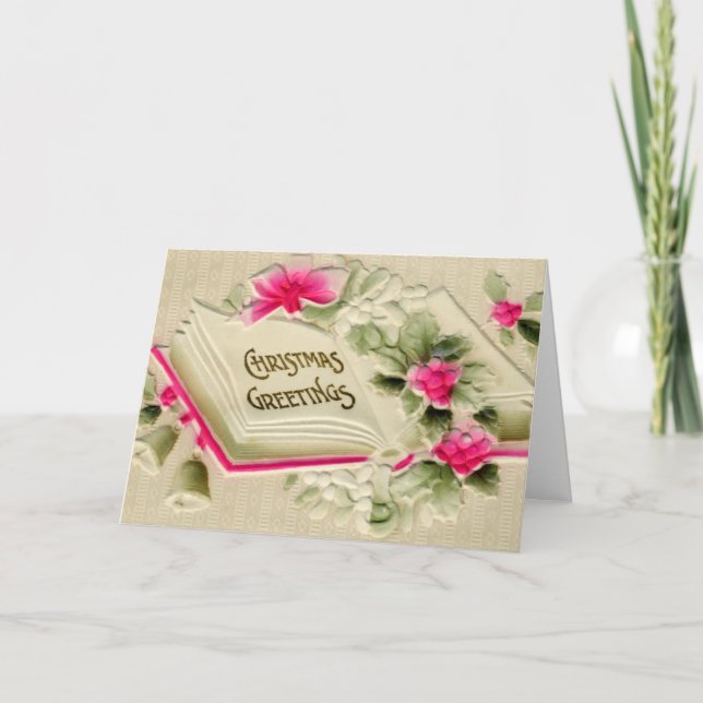 Christmas Greetings Pink Floral Embossed Holiday Card (Front)
