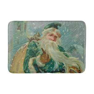 Christmas Greetings-Retro Santa Claus Postcard Bath Mat