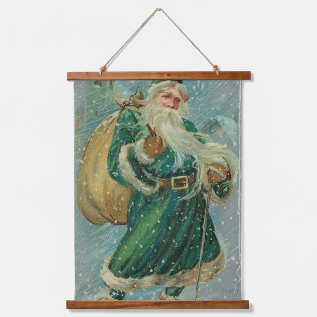 Christmas Greetings-Retro Santa Claus Postcard Hanging Tapestry (Front)