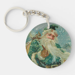 Christmas Greetings-Retro Santa Claus Postcard Key Ring