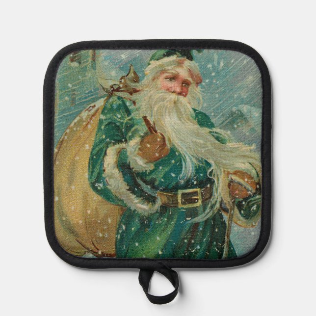 Christmas Greetings-Retro Santa Claus Postcard Pot Holder (Front)