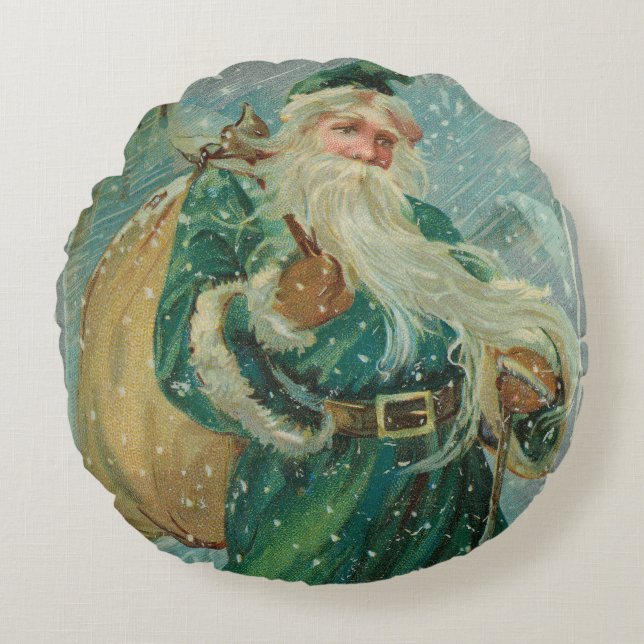 Christmas Greetings-Retro Santa Claus Postcard Round Cushion (Front)