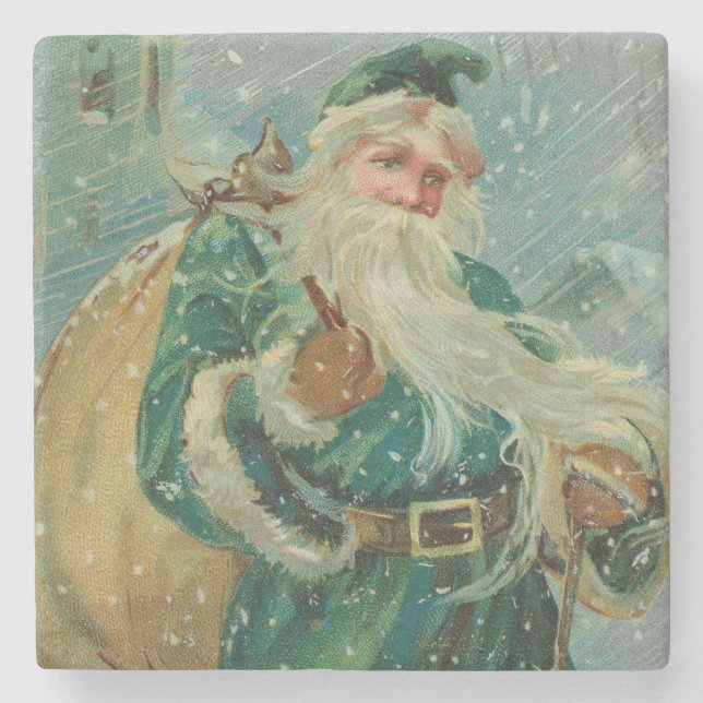 Christmas Greetings-Retro Santa Claus Postcard Stone Coaster (Front)