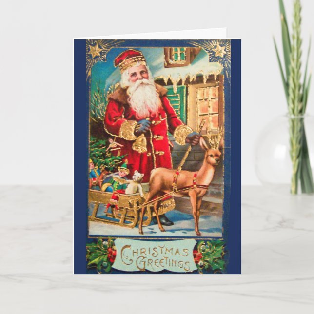 Christmas Greetings - Santa and deer Holiday Card (Front)
