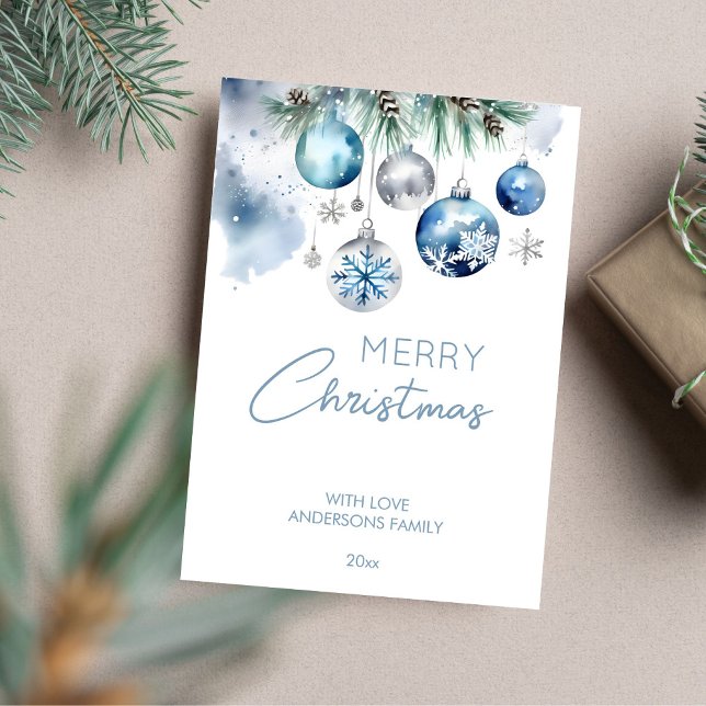 Christmas greetings silver blue baubles holiday card (Merry Christmas template greeting card classical silver blue baubles snowy pines watercolor elegant )