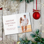 Christmas Greetings Tropical Beach Photo    Holiday Card<br><div class="desc">Tropical Beach holiday greetings card,  with a coastal theme and a red typography design. With customisable red lettering,  you can add your own text. You also change the photo with your own to make special. Great for sending Christmas wishes from your vacation destination.</div>
