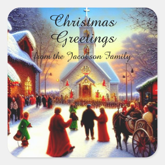 Christmas Greetings Villagers Go To Church Kitsch Square Sticker (Front)