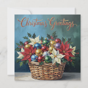 Christmas Greetings Vintage Basket with Ornaments  Holiday Card