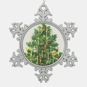 Christmas Greetings, vintage card, Christmas Tree Snowflake Pewter Christmas Ornament
