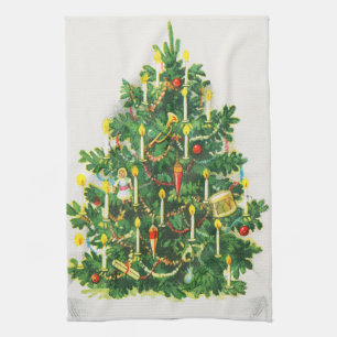 Christmas Greetings, vintage card, Christmas Tree Tea Towel