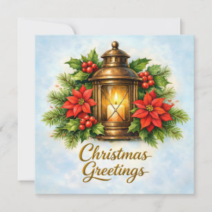 Christmas Greetings Vintage Lantern, Poinsettia Holiday Card