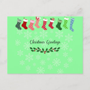 Christmas Greetings w/ Snowflakes and Stockings Postcard