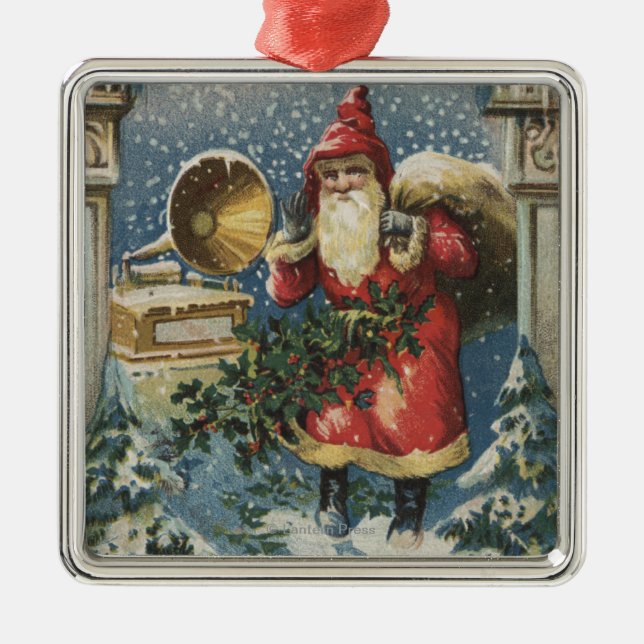 Christmas GreetingSanta and Record Player Metal Tree Decoration (Front)