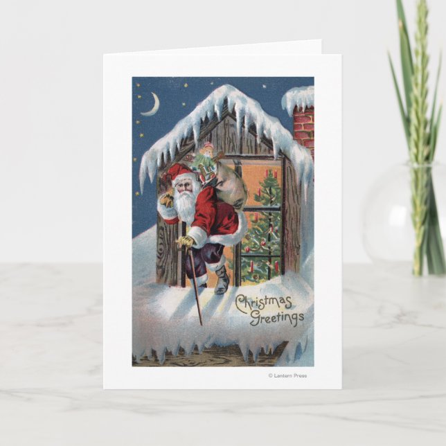 Christmas GreetingSanta Climbing Out Window Holiday Card (Front)