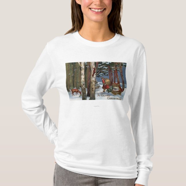 Christmas GreetingSanta Through Forest T-Shirt (Front)