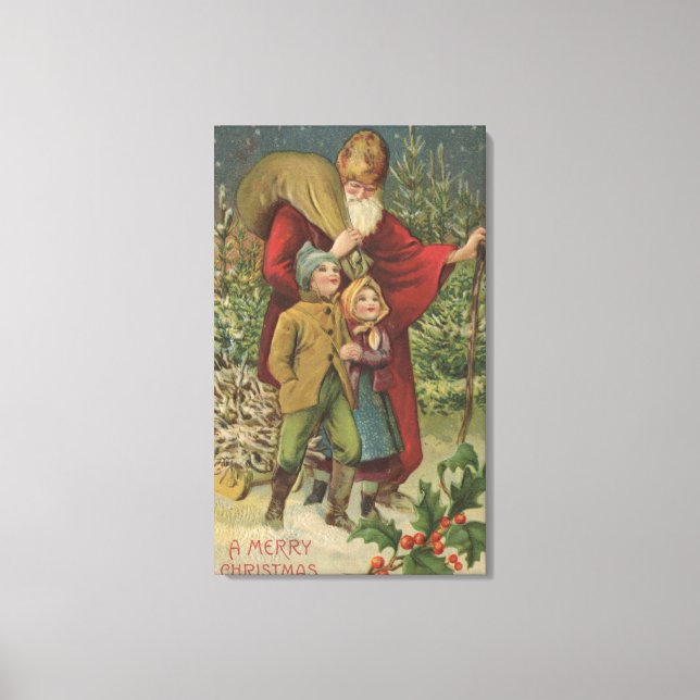 Christmas GreetingSanta Walking with Kids Canvas Print (Front)