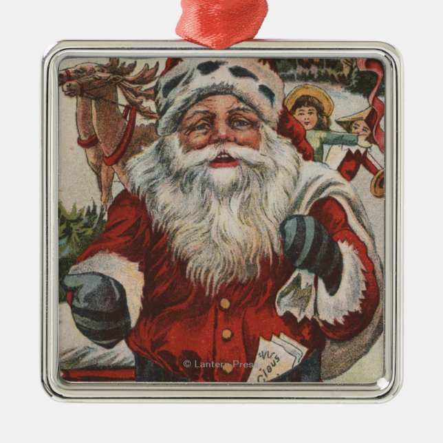 Christmas GreetingSanta with Deer and Kids Metal Tree Decoration (Front)