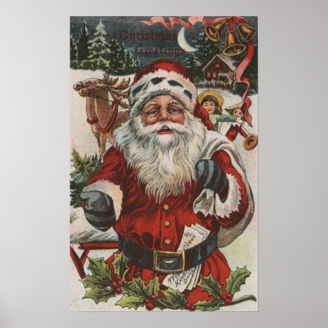 Christmas GreetingSanta with Deer and Kids Poster (Front)