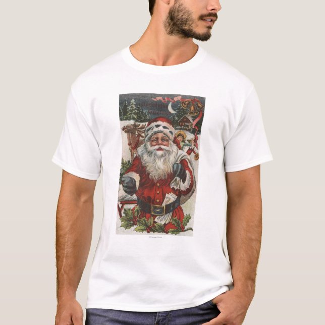 Christmas GreetingSanta with Deer and Kids T-Shirt (Front)
