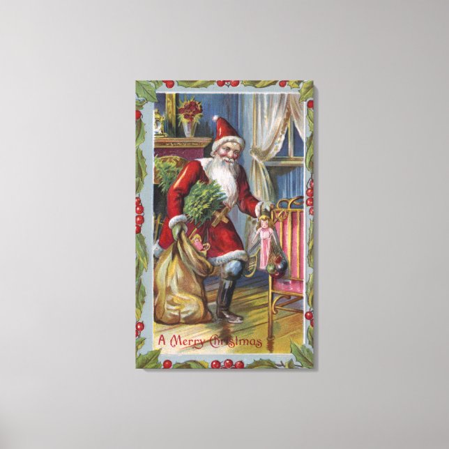 Christmas GreetingSanta with GiftsHolly Canvas Print (Front)