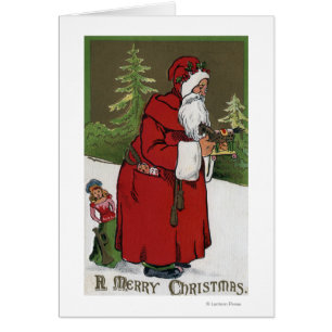 Christmas GreetingSanta with Wood Horse